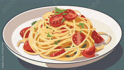Delicious Spaghetti with Cherry Tomatoes Pasta Dish Food Illustration.