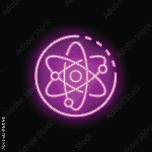 Neon atom symbol glowing with pink light on dark background, representing scientific concepts
