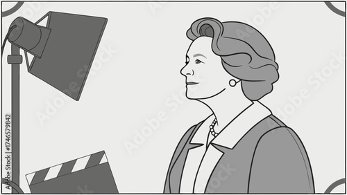 Elegant Woman Film Studio Portrait Clapperboard and Lighting Illustration.