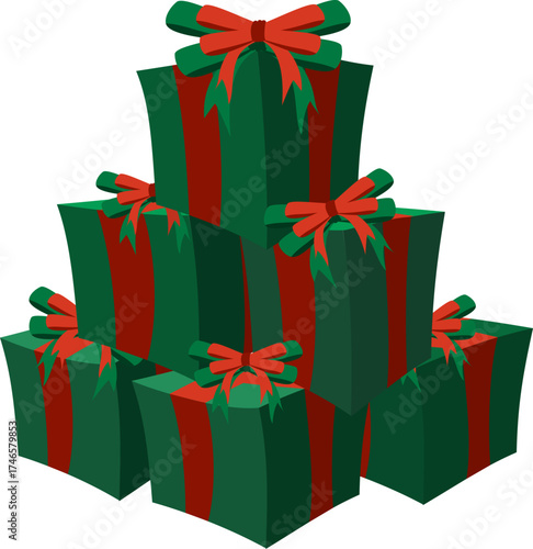 Festive vector illustration of a large pyramid stack of Christmas gift boxes wrapped in dark green paper with bright red ribbons, symbolizing holiday generosity and abundance.