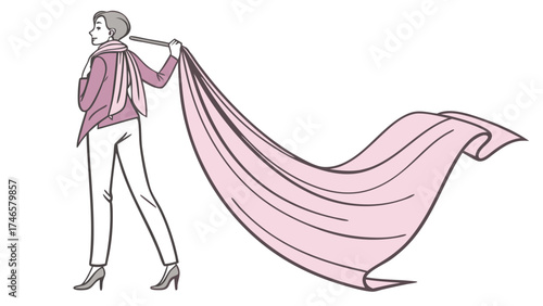 Elegant Woman Holding Flowing Fabric Fashion Illustration Design Element.