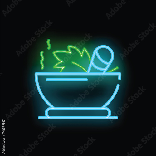 Neon sign illuminating a mortar and pestle with herbs, representing natural remedies, cooking, or apothecary practices