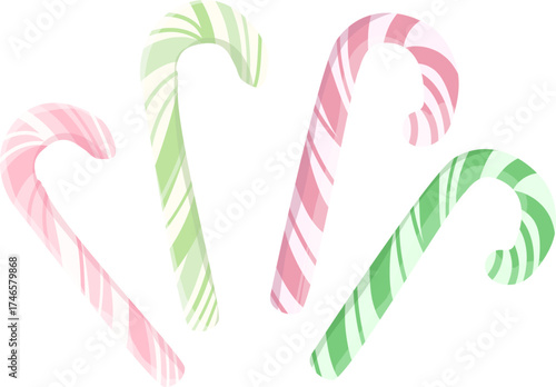 Cheerful isolated vector clip art set of four pastel pink and green candy canes with subtle shading, for modern, sweet holiday and confectionery designs.