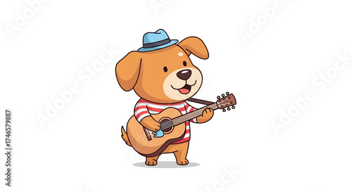 Adorable dog cartoon character wearing a hat playing guitar with musical expression