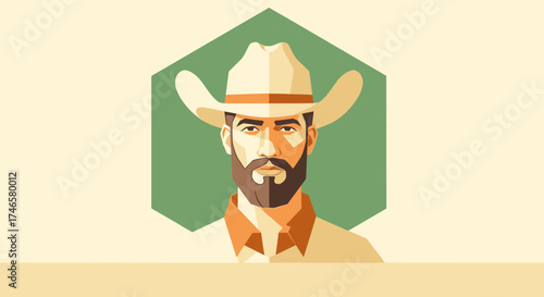 Minimalist illustration of a bearded cowboy with hat against hexagon background artwork