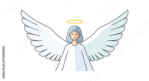 Cartoon illustration of a serene angel with outstretched wings and a halo overhead