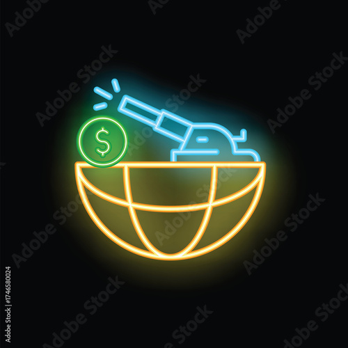 Neon sign representing the concept of global military budget with a cannon aiming for a dollar sign