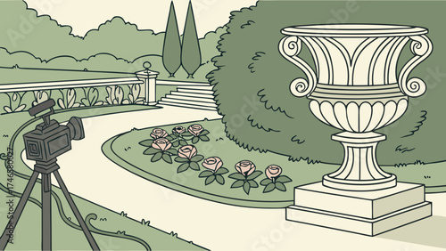 Film Camera on Tripod in Garden with Urn and Roses Illustration Clipart.