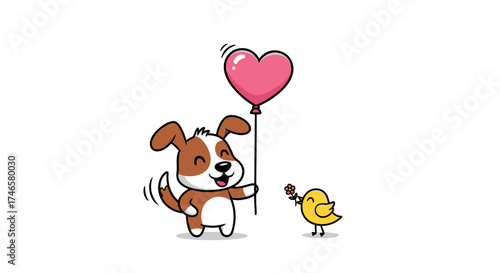 Cartoon Dog with Heart Balloon and Bird with Flower: Friendship and Love