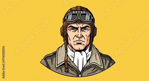 Vintage aviator pilot in retro gear on yellow background offering nostalgia