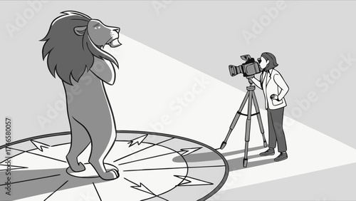 Filming a Majestic Lion Studio Photography Wildlife Illustration Graphic Design Asset.