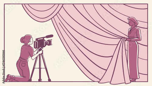 Filming a Woman Behind Curtains Vintage Style Illustration.
