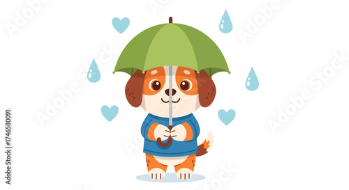 Adorable puppy wearing raincoat under umbrella on a rainy day with hearts around isolated on white