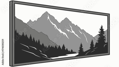 Framed grayscale mountain landscape illustration nature scene wall art home decor graphic design vector art printable art digital art mountain range forest trees river valley scenic.