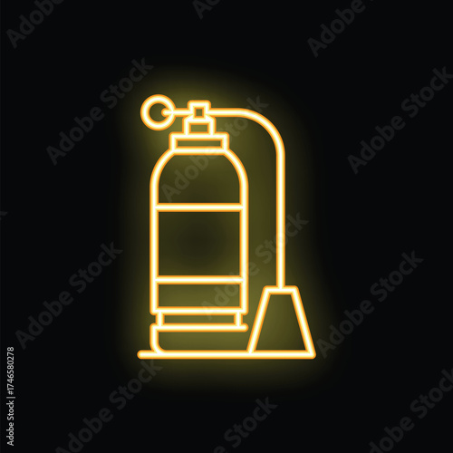 Yellow neon icon of an oxygen cylinder with a regulator, equipment for diving and underwater exploration
