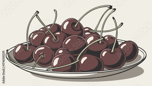 Fresh Juicy Cherries in a Bowl Delicious Summer Fruit Illustration Food and Drink Graphic Design Element.