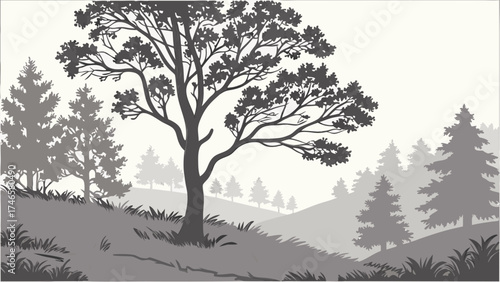 Grayscale illustration of a forest landscape with trees and hills.