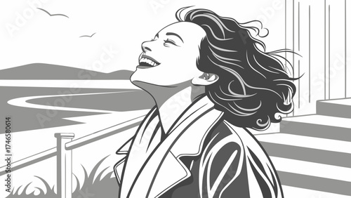 Happy Woman Enjoying Scenic View Black and White Illustration Stylish Female Portrait.