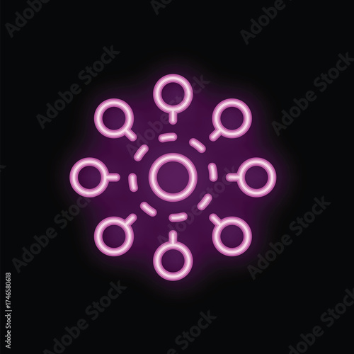 Neon purple icon of a hub and spoke network, showing nodes connecting to a central point