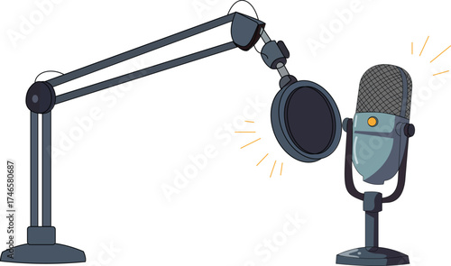 Studio microphone with pop filter and boom arm for podcast audio recording broadcasting and voice over work in crisp