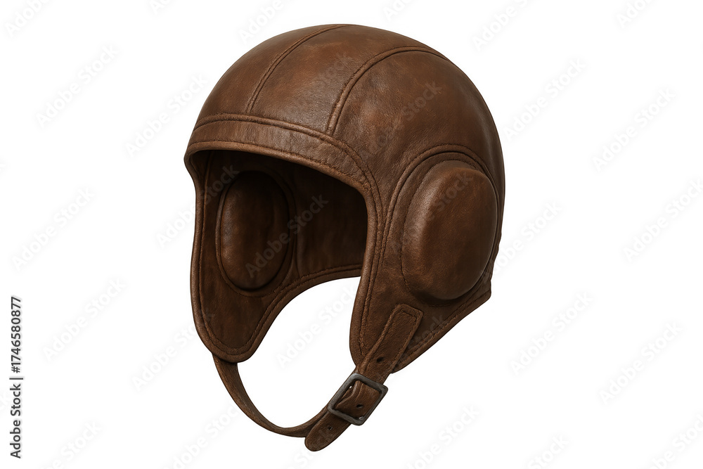 Naklejka premium Vintage brown leather aviator helmet with buckle strap
