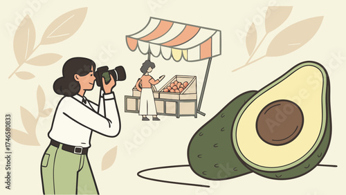 Illustration of a photographer taking pictures of avocados and a fruit stand at a market.