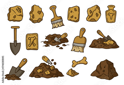 Archaeology Icons: Dig Shovel, Artifacts, Bones, & Excavation