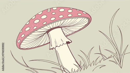 Illustration of a Pink Mushroom with White Spots in the Grass.