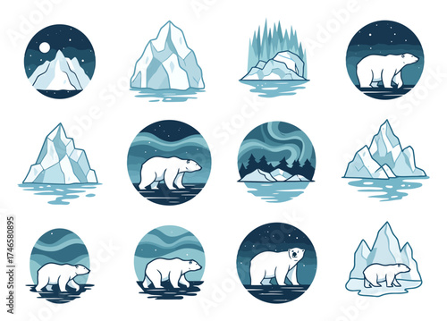 Arctic Polar Bear Logo Templates - Iceberg & Aurora Borealis