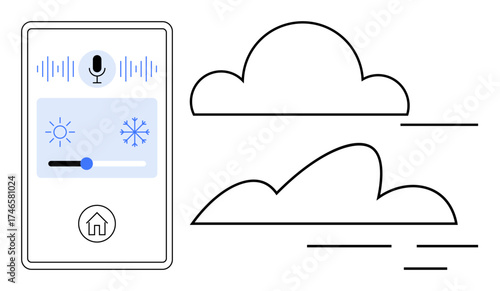 Digital interface of smart control panel managing temperature, voice command, and cloud syncing. Ideal for automation, IoT, sustainability, weather apps, climate tech, home systems smart living