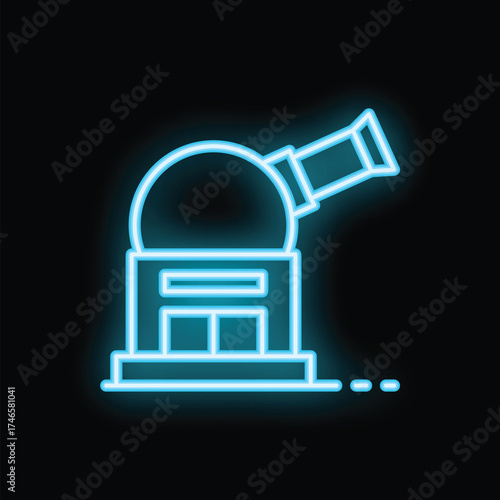 Blue neon icon of an observatory housing a telescope for astronomical observation