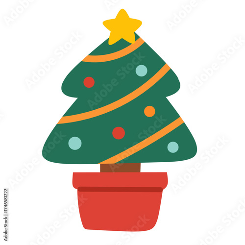 Christmas Tree in Cute Flat Style for Holiday Decoration Design