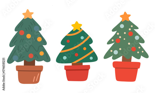 Christmas Trees in Cute Flat Style for Holiday Decoration Design