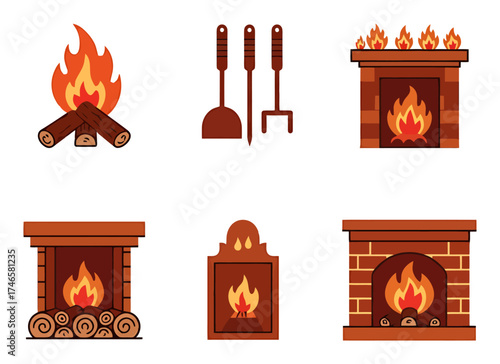 Cozy Fireplace Vector Icons - Winter Home Decor