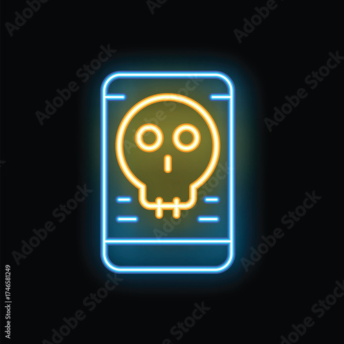 Neon sign of a smartphone displaying a skull icon, warning about the dangers of technology