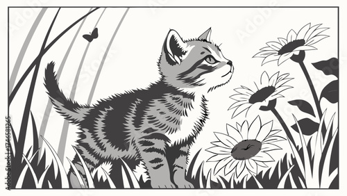 Kitten in a Garden with Sunflowers Monochrome Illustration Pet Nature Animal Wildlife Floral Design Black and White Art.