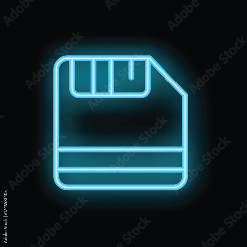 Bright blue neon icon of a floppy disk glowing against a black background