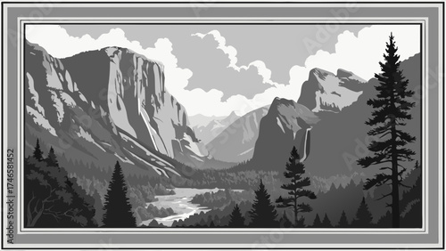 Majestic Mountain Valley Landscape in Monochrome Framed Art Print.