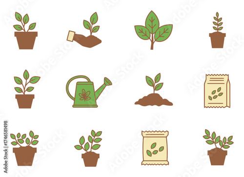 Gardening Icons: Watering Can, Seed Packet, Home Horticulture