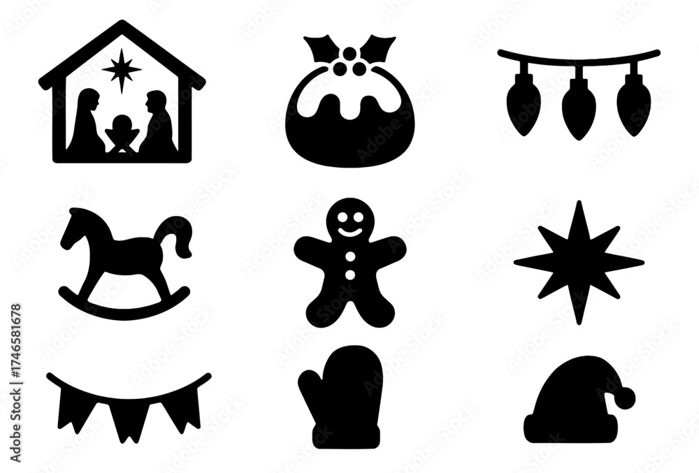 Fototapeta premium A collection of various black christmas holiday solid icons