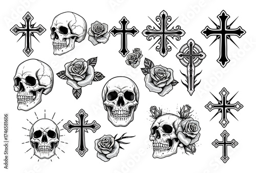 Monochrome Tattoo Vector Designs: Skulls, Roses & Crosses
