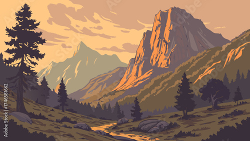 Mountain Landscape at Sunset Scenic Valley with Coniferous Trees and Stream Nature Illustration.