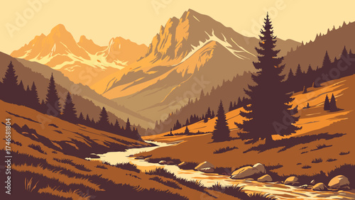 Mountain River Landscape Autumnal Colors Scenic Valley View Nature Illustration Golden Hour Coniferous Trees Hiking Travel Poster Calm Waters.