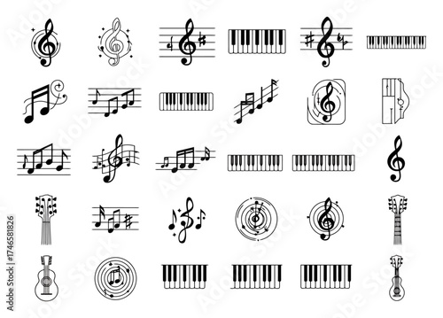 Minimalist Music Icons: Notes, Piano Keys, Guitar Strings