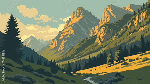 Mountain Valley Landscape Scenic View of Majestic Peaks Evergreen Forest Nature Illustration Artistic Rendering Calm Atmosphere Peaceful Scenery Sunrise Sunset Golden Hour Travel Poster.
