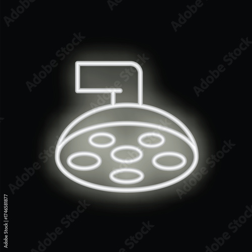 White neon style icon of a surgical lamp shining in an operating room