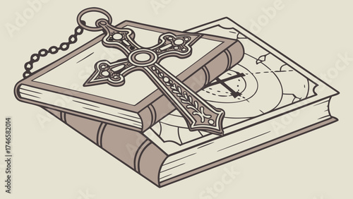 Ornate Cross Pendant on Religious Book Spiritual Symbol Faith Christianity Bible Illustration.