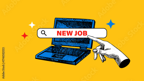 Trendy art collage of sketch hand and laptop. Search job online, career opportunity, remote work, new vacancy, hr looking concept. Retro hand drawn vector illustration