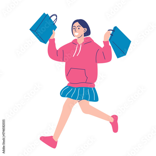 Happy Young Woman Running with Shopping Bags During a Holiday Sale