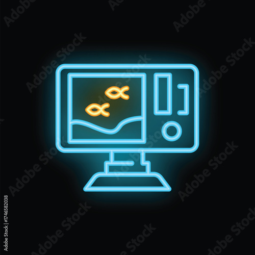 Glowing neon line fish finder echo sounder icon isolated on black background, showing fish finding depths navigation